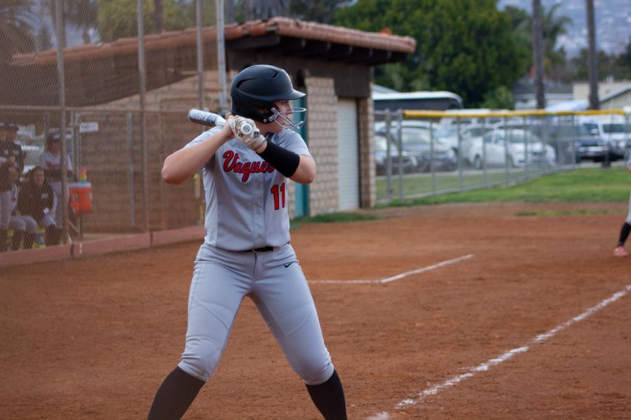 Taylor Tibbels gears up to walk off City College in the sixth inning sacrifice fly, part of the Vaqueros eight-run inning, which won the game via the mercy-rule on Feb. 21, at Pershing Park in Santa Barbara, Calif.