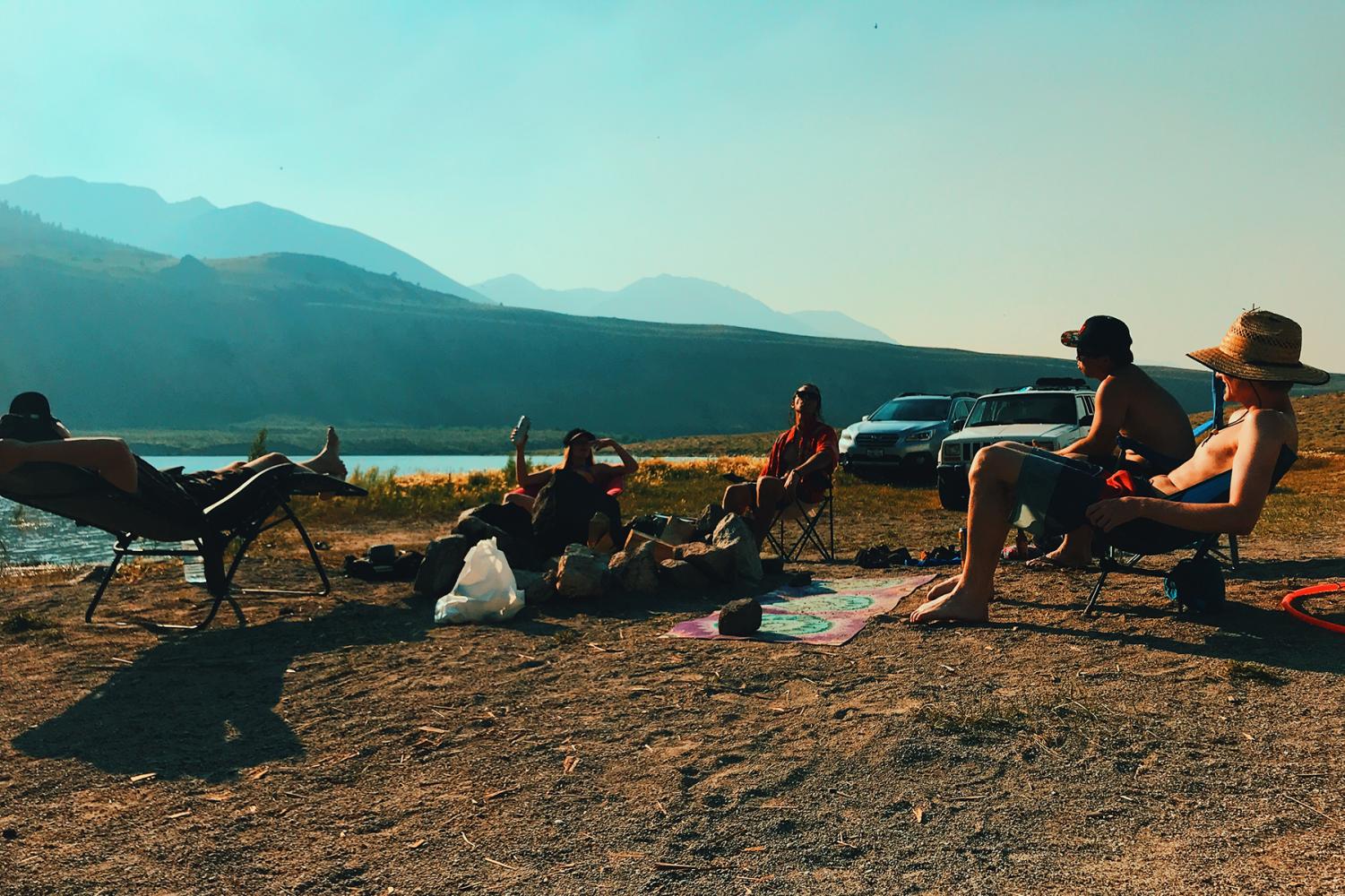 Relaxing at a camp spot, locals call "Rattlesnake Cove" at Grant Lake for a friends' birthday.