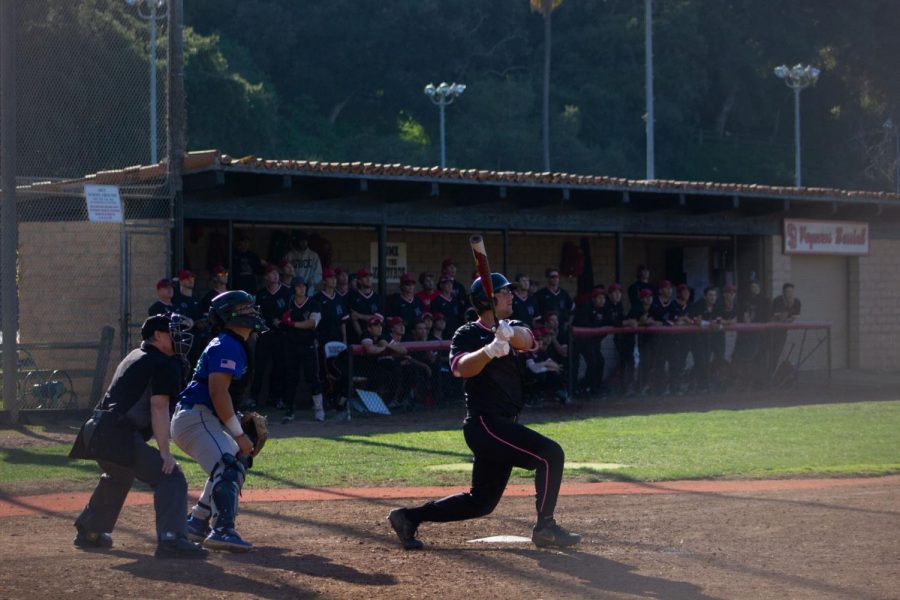 Jacob Bravo hits a two-run home run in the bottom of the fifth inning at Pershing Park in Santa Barbara, Calif. Bravo drove in three runs in the Vaqueros’ 10-1 victory over the Oxnard Condors.