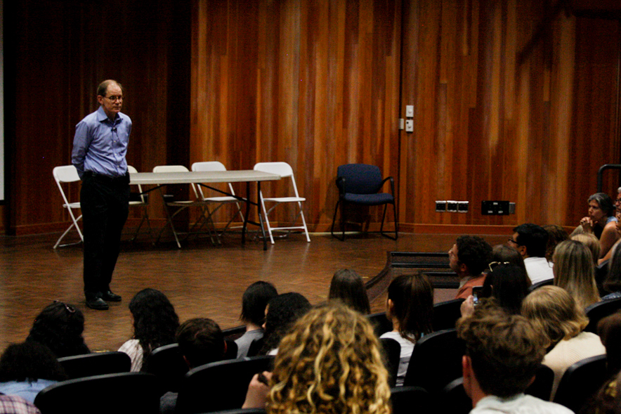 Neuroscientist and Professor Daniel Siegel lectures over 150 City College students, faculty and community members about cultivating a healthy mind through the practice of “mindsight” on Friday, Feb. 28 in the Business Communications Center at City College in Santa Barbara, Calif.