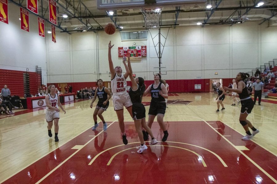 Hannah Sabin (No.23) posts up and makes her layup on Wednesday, Feb. 19, 2020, in the Sports Pavilion in the City College in Santa Barbara, Calif.