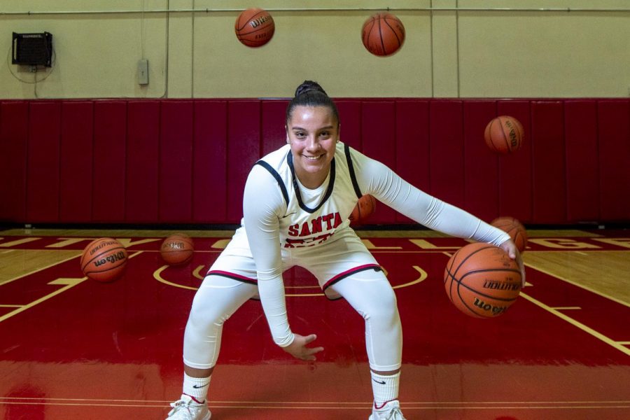 Alondra Jimenez dribbles the ball through her legs on Thursday, Feb. 20, 2020, in the Sports Pavilion at City College in Santa Barbara, Calif. Jimenez grew up in Santa Barbara and has started every game for the 13-7 Vaqueros.