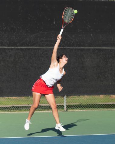 Maura Mannix serves the first ball of the match on Friday, Jan. 31, 2020, at Pershing Park in Santa Barbara, Calif.