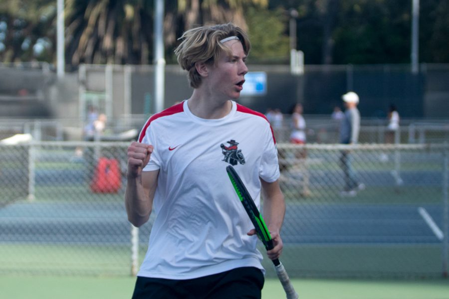 Andreas Fuerst celebrates his serve that won him the set on Friday, Jan. 31, 2020, at Pershing Park in Santa Barbara, Calif.