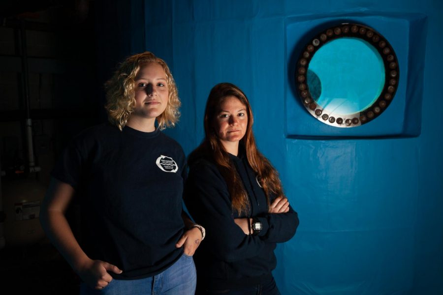 From left, Kayla Hatfield and Emma Horanic stand beside a dive tank used to practice underwater pipe cutting on Tuesday, Feb. 4 2020, in the basement of the Marine Diving Technology Building at City College in Santa Barbara, Calif. Horanic and Hatfield are the only female students in the MDT program at City College.