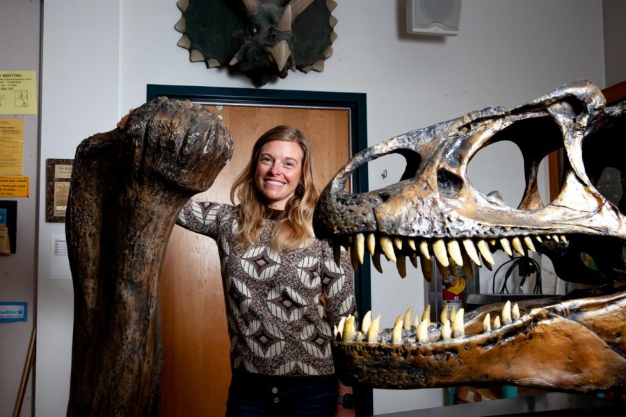 Jenna Rolle stands with fossil casts in EBS 115 where she teaches ERTH-122, also known as “Dinosaurs” on Wednesday, Feb. 12, at City College in Santa Barbara, Calif. Rolle has traveled to China and across the United States studying fossils.