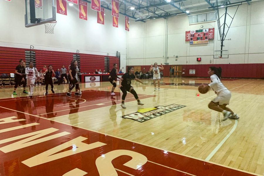 Jade Jones gets the ball off a pass in the third quarter of the Vaqueros first playoff game against the LA Valley Monarchs on Wednesday, Feb. 26 in the Sports Pavilion at City College in Santa Barbara, Calif. The Vaqueros lost to the Monarchs 70-50.