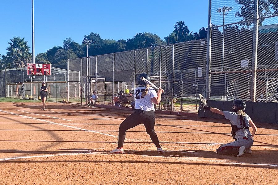 Lauren Del Campo prepares to swing in the bottom of the third inning in the second game of the Vaqueros double header against Saddleback College on Saturday, Feb. 1, at Pershing Park in Santa Barbara, Calif. The Vaqueros lost to the Gauchos 11-2.