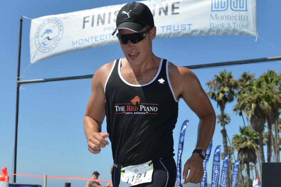 Connor Newsum crosses the 2019 Santa Barbara Triathlon finish line Aug. 24, 2019 in Santa Barbara, Calif.