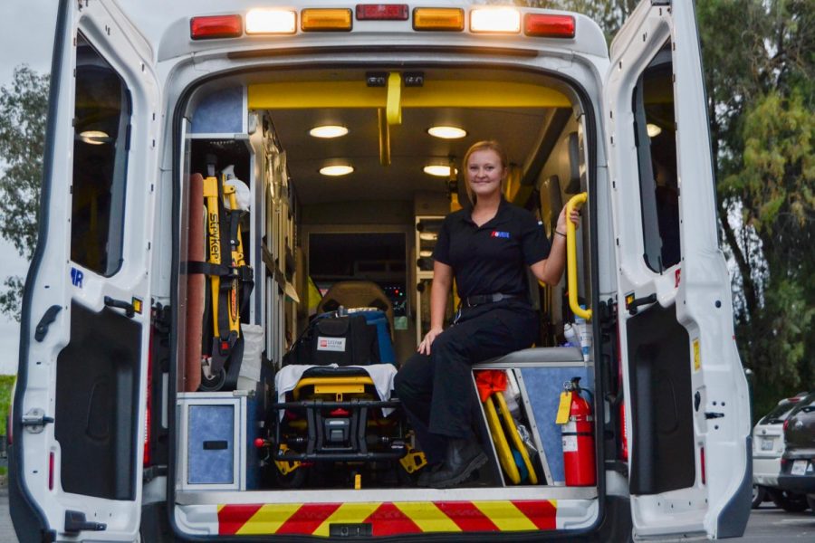 Tia Taylor works as an EMT while taking classes at City College on Thursday, March 12, 2020, at the American Medical Response Station in Goleta, Calif. At 19 years old, Taylor is the youngest EMT at the station and is viewed by coworkers by what she can handle, regardless of her age.