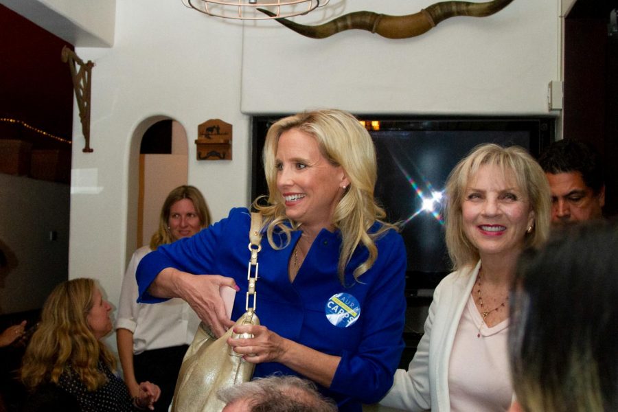 Laura Capps similes while entering her joint election party with Elsa Granados on Tuesday, March 3, 2020 at Jill's Place Restaurant in Downtown Santa Barbara, Calif. Laura said that she can be optimistic and positive about her campaign because they were able to communicate with voters.