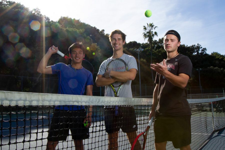 From left, international City College men's tennis players Kyosuke Kiuchi from Saitama, Japan, Alexander Martin from Adelaide, Australia, and Pierre Fumat from Nouméa, New Caledonia, France make up three of the seven international male tennis players on Wed, Feb 26, 2020 before practicing at Pershing Park tennis courts in Santa Barbara, Calif. Kiuchi, Martin and Fumat feel connected through their love for tennis and chose to play tennis in Santa Barbara for the weather.