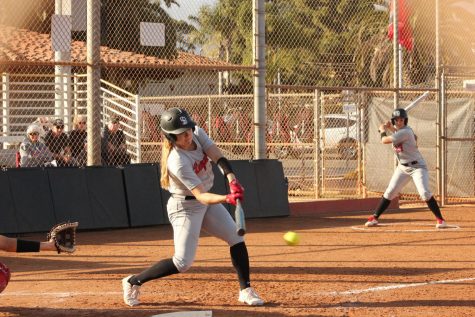 Designated hitter Hannah Weaver (no. 17) hits a hard line-drive to the Chaffey pitcher on Friday, March 6, 2020 at Pershing Park in Santa Barbara, Calif. Weaver did not have a base hit on the day, but she walked twice.