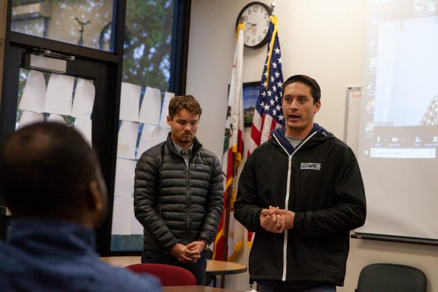 Student Bailey Hanna, accompanied by Nathaniel Grotenhuis (left) answers questions from the Student Senate about Turning Point USA being an organization tied to racism and discrimination during his club charter pitch for approval to officially bring the organization to campus on Friday, March 13, 2020, in the in the ASG meeting room Campus Center Room 223 at City College in Santa Barbara, Calif. Hanna argued that the “bad bugs” in the organization don’t represent his beliefs and goals with the club before the Senate denied the proposal.