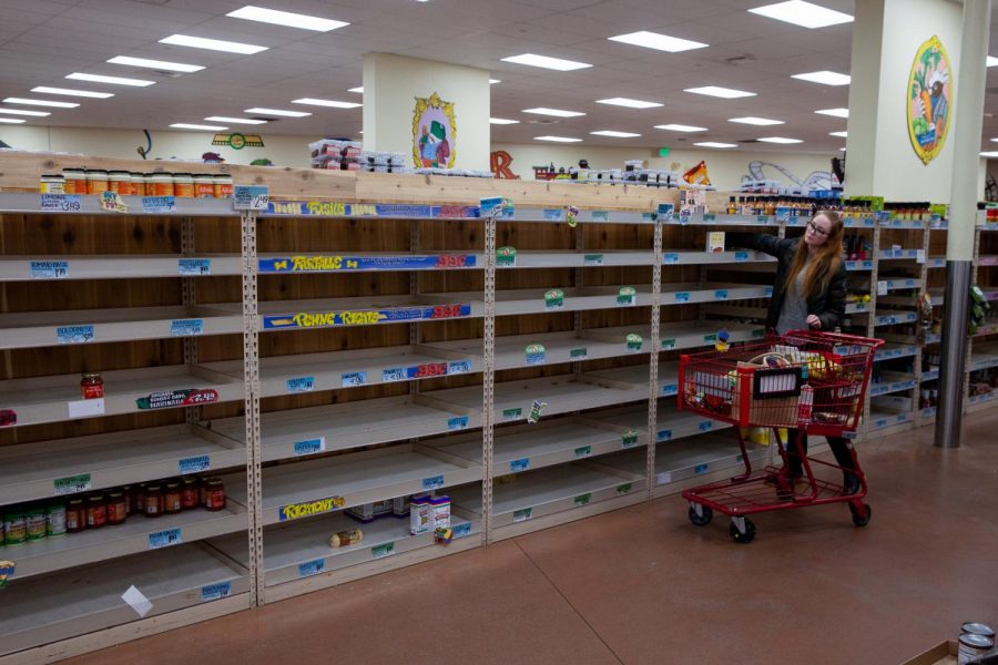 As shoppers stock up for social distancing, grocery stores like Trader Joe's struggle to keep items like non-perishables, cleaning supplies and toilet paper on the shelves on Friday, March 13, 2020 at Trader Joe’s on N Milpas Street in Santa Barbara, Calif.