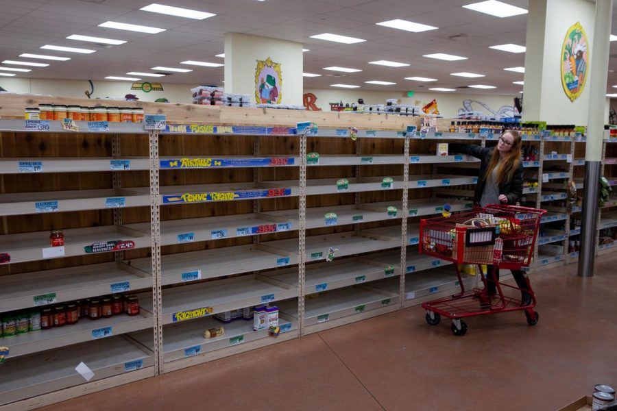 As shoppers stock up for social distancing, grocery stores like Trader Joes struggle to keep items like non-perishables, cleaning supplies and toilet paper on the shelves on Friday, March 13, 2020 at Trader Joe’s on N Milpas Street in Santa Barbara, Calif.