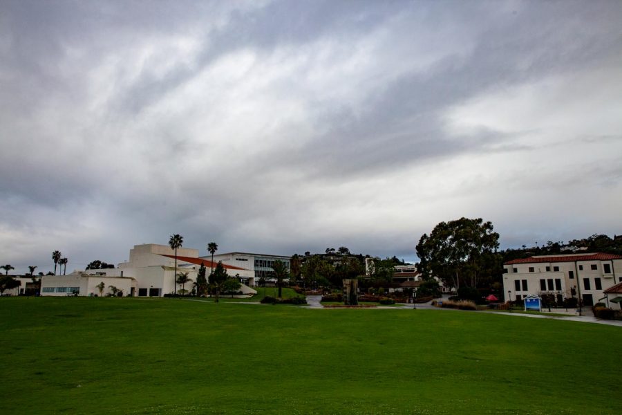 Rain from storm clouds above Santa Barbara falls over City College’s deserted campus in the wake of the coronavirus pandemic forcing the college to close campus and transfer to online learning on Tuesday morning, March 17, 2020, on West Campus at City College in Santa Barbara, Calif.