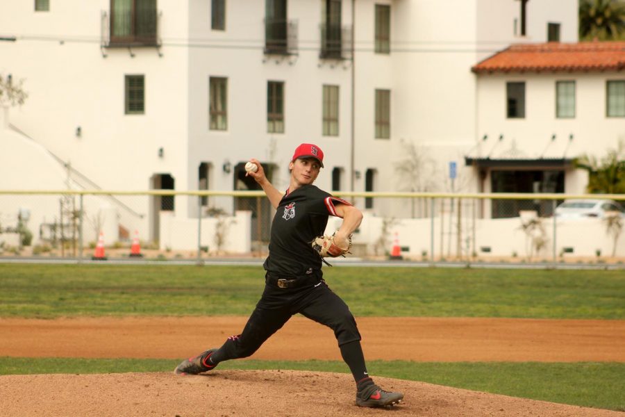 Toby Spach pitches in the fourth inning of the Vaqueros’ first game against the Allan Hancock Bulldogs on Monday, March 9, 2020, at Pershing Park in Santa Barbara, Calif. Spach pitched four no-hit innings where he walked one batter and struck out six.