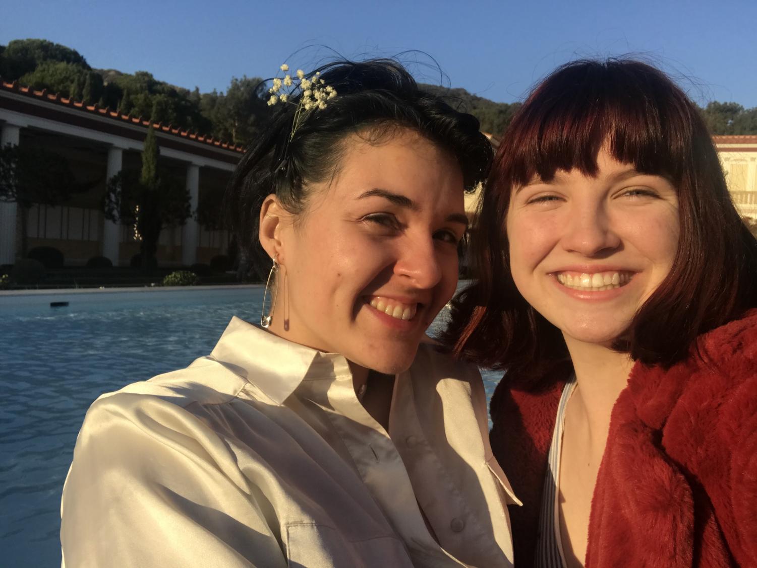 Lucy Marx (right) and her girlfriend Liliana Johnston at the Getty Villa in Los Angeles, Calif.