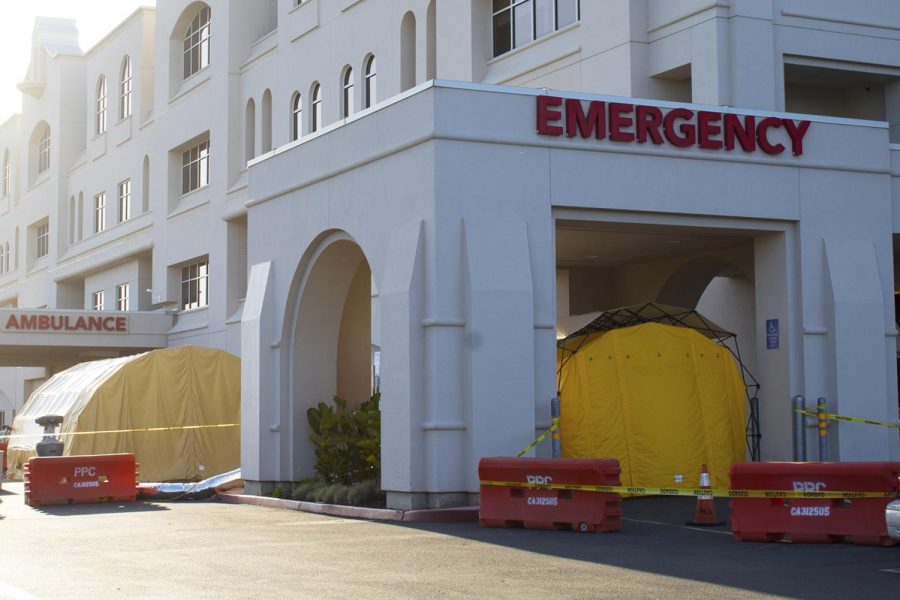 Triage tents stand outside the entrance to the Marian Regional Medical Center emergency department on Thursday, April 23, 2020 in Santa Maria, Calif. The tents are vacant but are available for a potential influx of patients at the hospital.