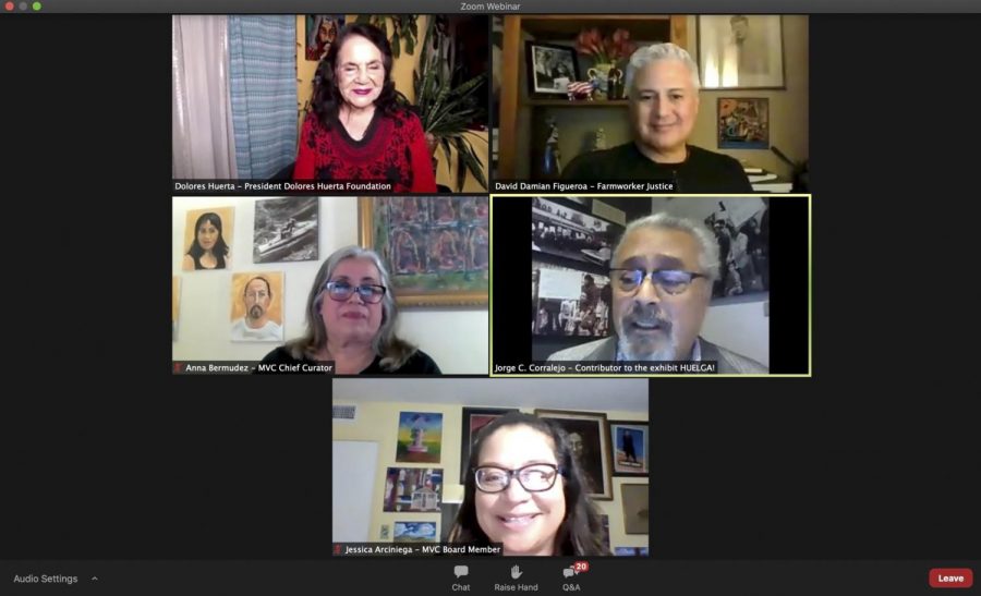 Screengrab of Webinar hosted by The Museum of Ventura County featuring Dolores Huerta on Sept. 21. During the Webinar Huerta and other civil rights and Chicano activists and leaders spoke to what they are currently working on, including a photography exhibit centered around preserving photographs of the United Farm Workers union in the 60s-70s.