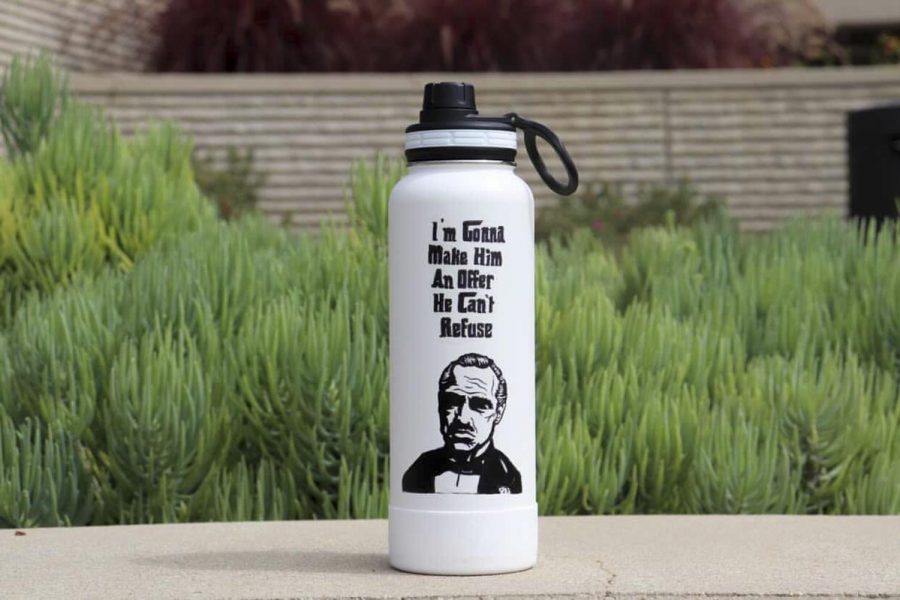 Courtesy image of a Godfather decal on a water bottle from Miranda Alvarez.