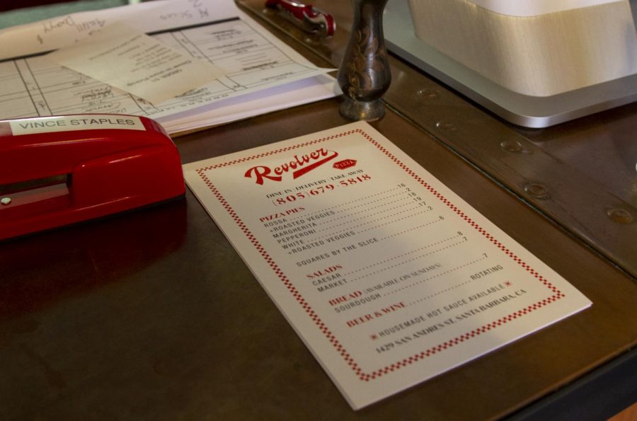 Small take home versions of the Revolver Pizza Menu on the front counter in the restaurant on Sept. 17, 2020 at Revolver Pizza in Santa Barbara, Calif.