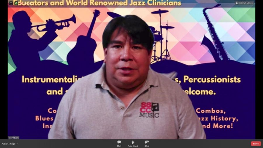 Screen Grab of Jazz Improvisation and Guitar Studies instructor Tony Ybarra describing the challenges in teaching music classes remotely during the “SBCC Jazz at the Cutting Edge” webinar hosted by SBCC Foundation president Geoff Green on Thursday, Sept. 4 in Santa Barbara, Calif.