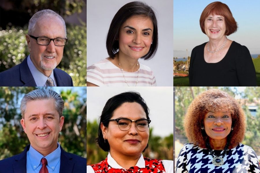 Board of Trustees Candidates up for election on Nov. 3. Area 2: Robert Miller (top left) vs. Ronald J. Liechti (bottom left). Area 3: Veronica Gallardo (top middle) vs. Erin Guereña (bottom middle). Area 4: Celeste Barber (top right) vs. Anna Everett (bottom right).