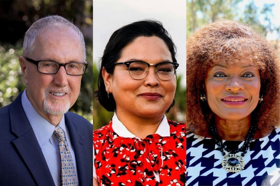 Board of Trustees candidates endorsed by The Channels. From left, Area 2 (Goleta) Robert Miller, Area 3 (Santa Barbara) Erin Guereña, and Area 4 (Santa Barbara) Anna Everett.