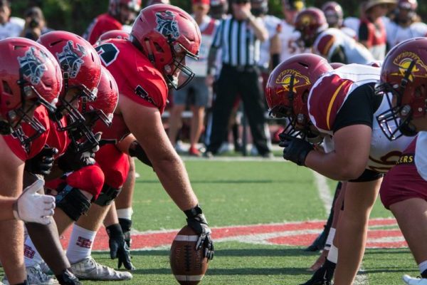 Santa Barbara City College center, Jake Tourtillotte, prepares to snap the ball to quarterback Franco De Luca on Saturday, Nov. 10, 2018, at La Playa Stadium in Santa Barbara, Calif.