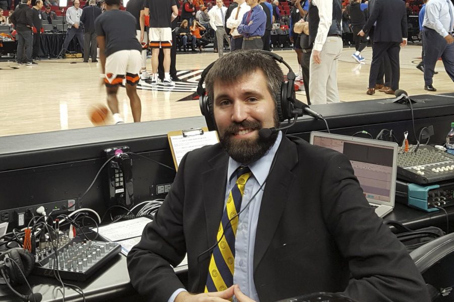Eric Evelhoch courtside after broadcasting UCSB womens basketball at the Dam City Classic on Dec. 16, 2017 at the Moda Center in Portland. Despite holding multiple broadcasting positions over several years, Evelhoch is back at City College to earn his associates degree in journalism.