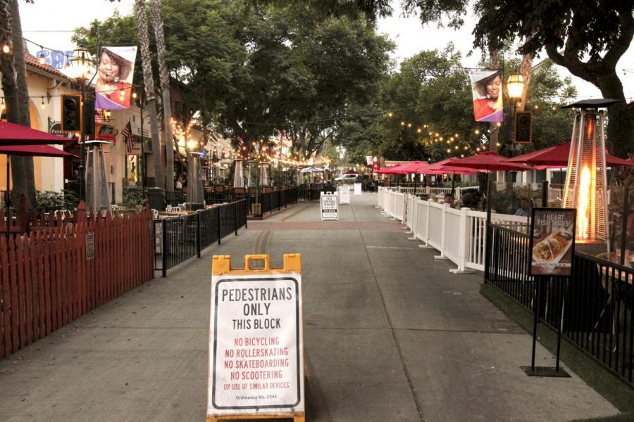 Outdoor seating for downtown restaurants on State Street on Nov. 18, 2020 in Santa Barbara, Calif. The state was placed back into the 'purple tier' restricting dining to outdoor due to the spike in coronavirus cases across the country.