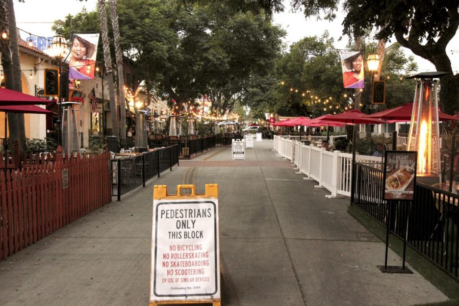 Outdoor seating for downtown restaurants on State Street on Nov. 18, 2020 in Santa Barbara, Calif. The state was placed back into the purple tier restricting dining to outdoor due to the spike in coronavirus cases across the country.