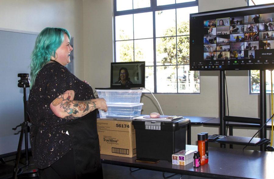 Sarah Jackson teaches one of her cosmetology classes through Zoom on Nov. 11, 2020 in the City College cosmetology facility in downtown Santa Barbara, Calif. The department provides each student with every product they will need throughout the semester.
