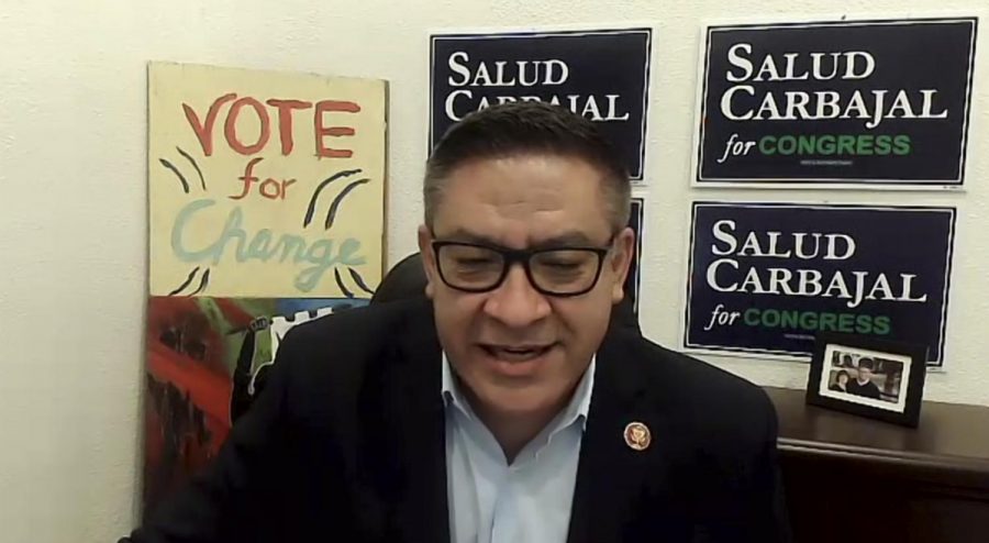 Representative Salud Carbajal speaks during the Blue Wave Virtual Election Night Event hosted by the Santa Barbara County Democratic Party on Nov. 3, 2020. The first results show Carbajal in the lead against Andy Caldwell for the 24th Congressional District with 66% of the votes.