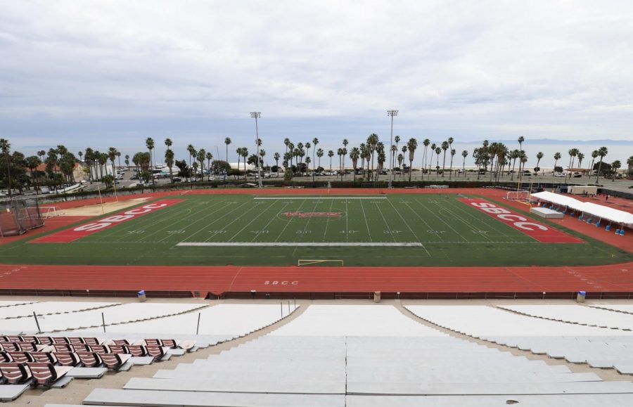 From the top of the bleachers at La Playa Stadium the black gravel that was laid down as a base for the artificial turf 11-years-ago can be seen almost as clearly as if you were down on the field on Feb. 1, 2020, at City College in Santa Barbara, Calif. The holes and ripped up turf can also be seen from a distance.