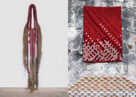 Left: Tanya Aguiñiga, “Cosas que Sangran,” 2020. Braided cotton rope, cochineal dye, heckled flax. Right: Porfirio Gutiérrez, “Ritual Series.” Textile dyed with cochineal insects. Photographed on the main plaza in Teotitlán del Valle Oaxaca by Javier Lazo Gutiérrez. Courtesy of SBCC Foundation.