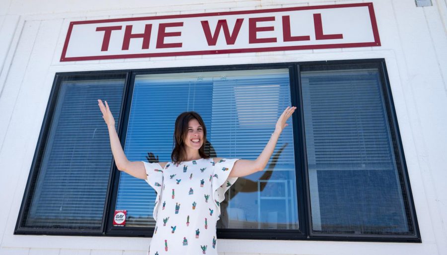 Student Program Advisor Becky Bean in front of The Well's headquarters at Santa Barbara City College. The Well collaborates with City College faculty, personal counselors and clubs to facilitate events, such as mindfulness and stress reduction groups. Image courtesy of SBCC/The Well
