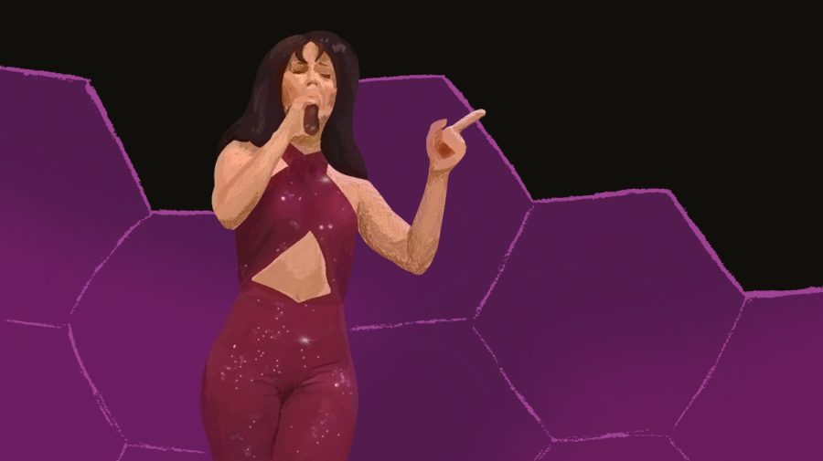 Digital+illustration+of+Selena+Quintanilla-P%C3%A9rez+during+her+1995+concert+for+her+album+%E2%80%9CSelena+Live%21+The+Last+Concert.%E2%80%9D