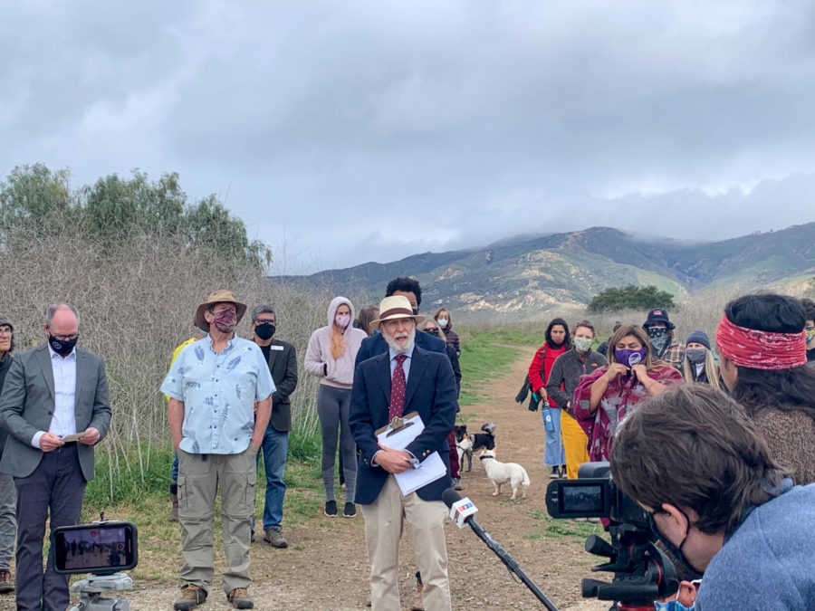 Attorney Marc Chytilo announces a new plan to buy the San Marcos Foothills Preserve land on March 10, 2021, in Santa Barbara, Calif. The Save San Marcos Foothills organization has been given 90 days to raise $18 million.