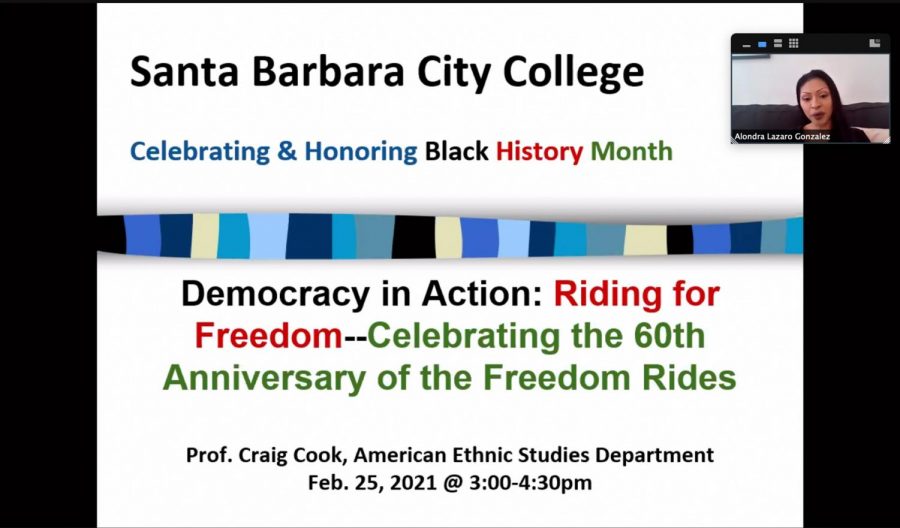 Screengrab+of+Alondra+Lazaro+Gonzalez%2C+the+Student+Program+Advisor+for+the+Center+for+Equity+and+Social+Justice%2C+introducing+the+Democracy+in+Action%3A+Riding+for+Freedom%2C+virtual+Zoom+event+on+February+25.+The+Zoom+event+was+in+honor+of+Black+History+Month.