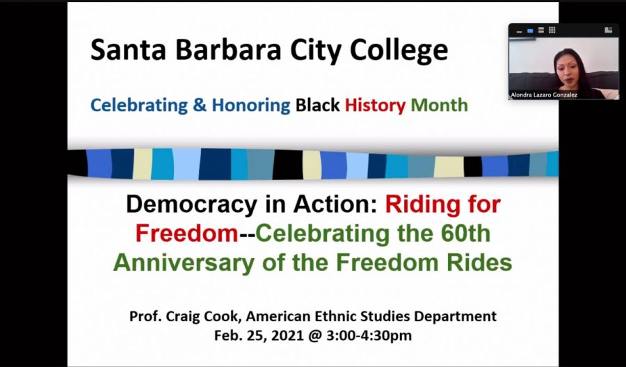 Screengrab of Alondra Lazaro Gonzalez, the Student Program Advisor for the Center for Equity and Social Justice, introducing the "Democracy in Action: Riding for Freedom," virtual Zoom event on February 25. The Zoom event was in honor of Black History Month.