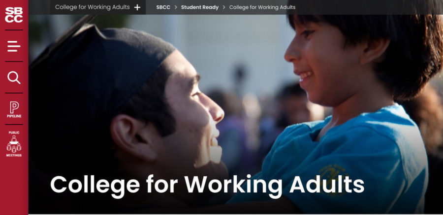 Screengrab of the College for Working Adults main page on the SBCC website. The College for Working Adults program aims to help the Hispanic student, post-traditional and part-time student populations.