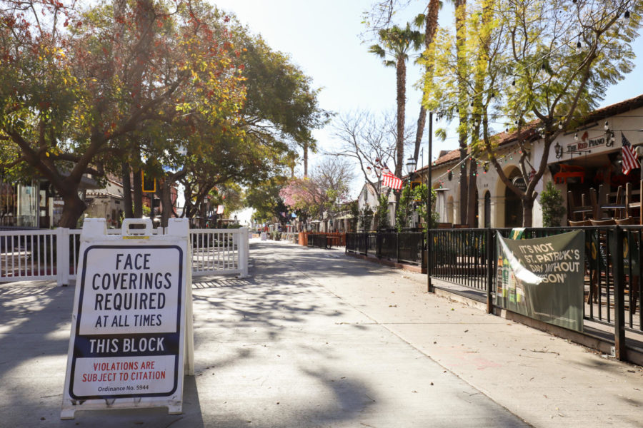 State Street has been turned into a pedestrian promenade with the goal of bringing business back for the local shops, restaurants, and bars. File photo of State Street on March 15, in Santa Barbara, Calif.