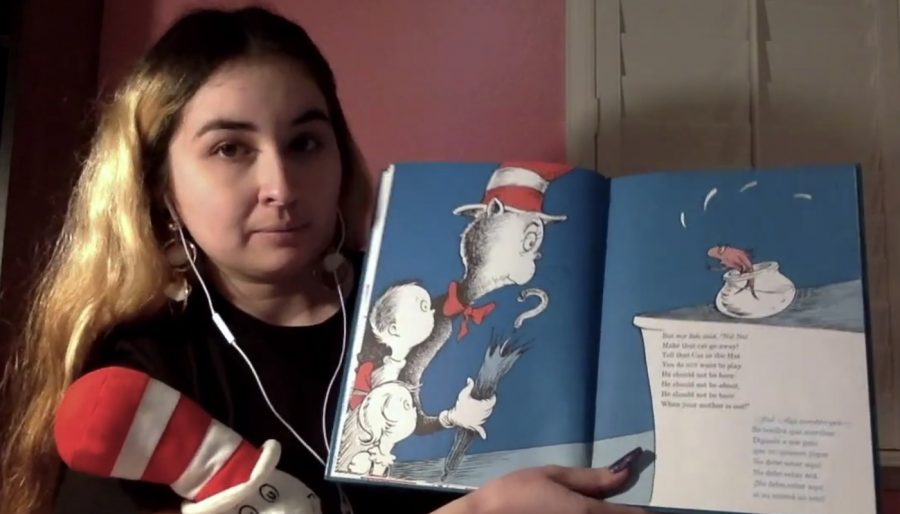 Sigma Chi Eta President Yos Ramirez reads El Gato Ensombrerado by Dr. Seuss, translated to Spanish by Georgina Lázaro and Teresa Mlawer for SBCC Story Time. Plans for the Story Time Series began in the fall.