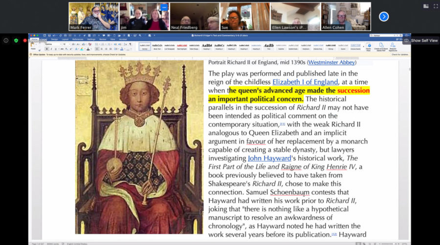 Professor Mark Ferrer introduces King Richard II, the star of Shakespeares play of the same name, to his Adult Education literature students on March 8, 2021, over Zoom. Ferrer lectures for about an hour before they start a new play, then the students take on the character roles and read it line by line.