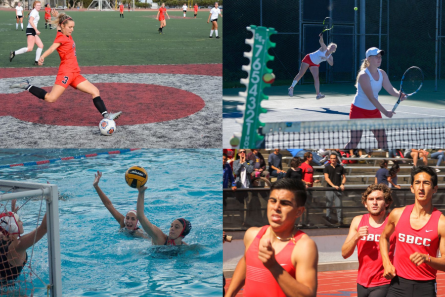 Photo illustration using Channels file photos from previous events, featuring women's soccer, women's tennis, women's water polo and men's cross country.