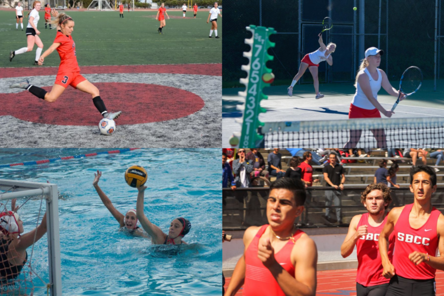 Photo illustration using Channels file photos from previous events, featuring womens soccer, womens tennis, womens water polo and mens cross country.