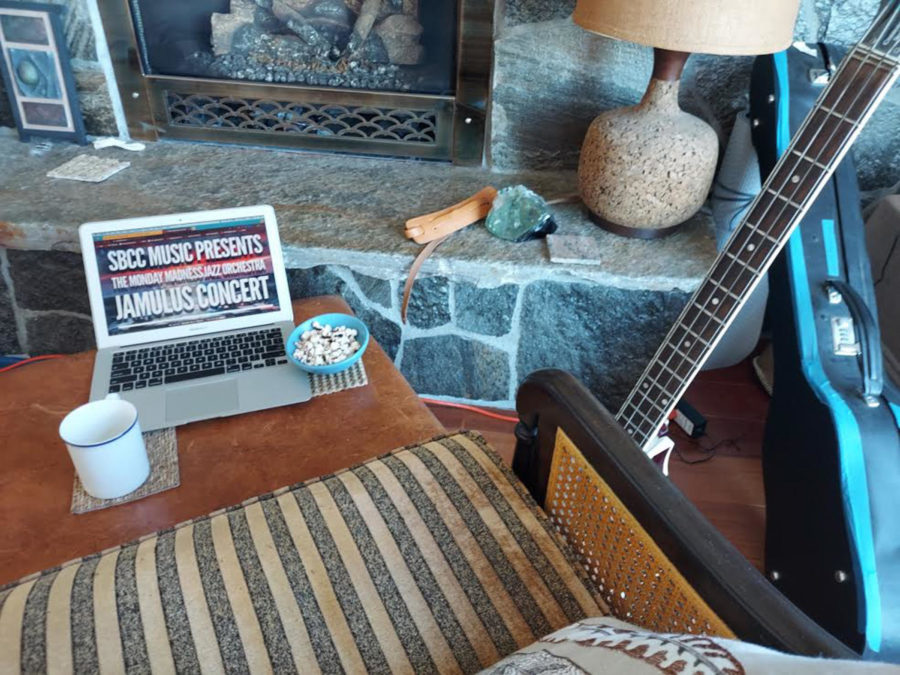 Photo illustration of a cozy at-home setup for watching the Monday Madness live Jazz show on April 18, 2021. With the YouTube live setup, the spectators could write real-time messages to the musicians as they played live.